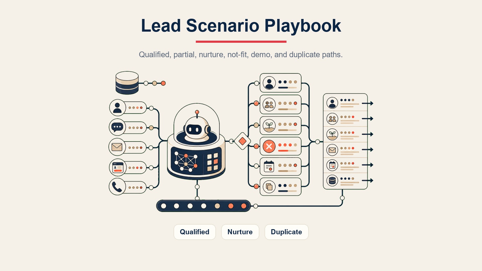 AI Lead Qualifier Agent Visualisierung zeigt Szenariopfade für qualifizierte, nurture- und Duplikat-Leads