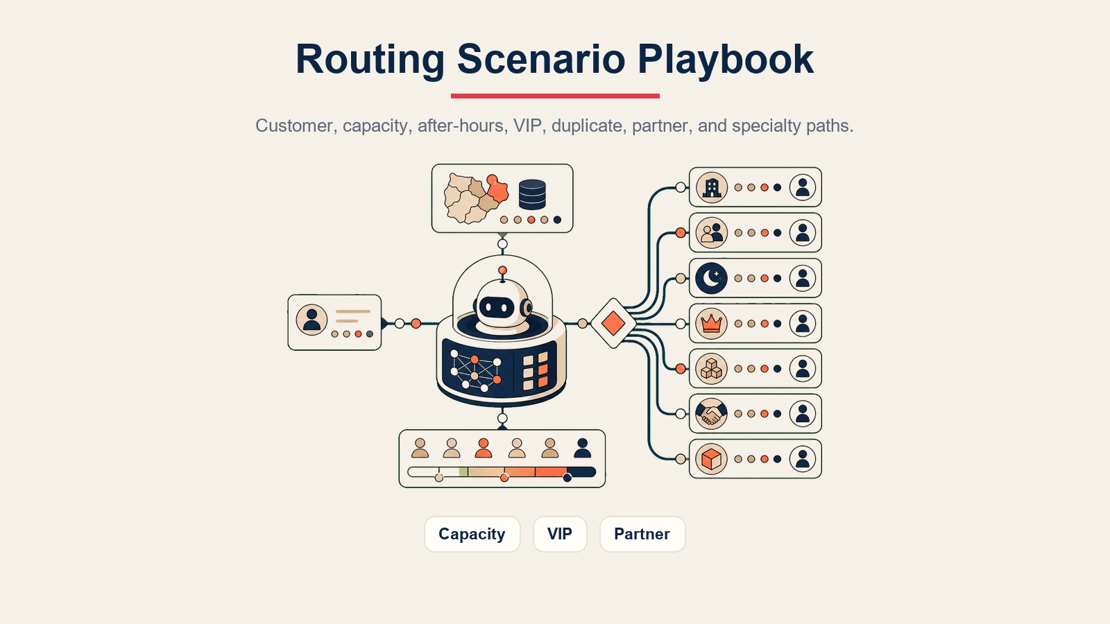AI Lead Routing Agent visual interno que muestra las rutas de escenario de capacidad, VIP y routing de socios