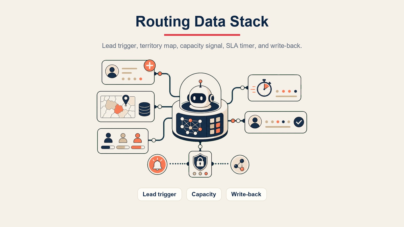 AI Lead Routing Agent visual interno que muestra el disparador de leads, la capacidad y la escritura de vuelta al CRM en el stack de datos de routing