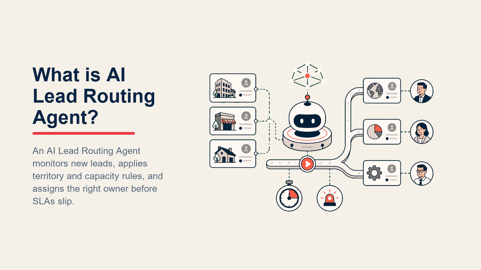 AI Lead Routing Agent thumbnail que muestra rutas de asignación de leads y transferencia por SLA