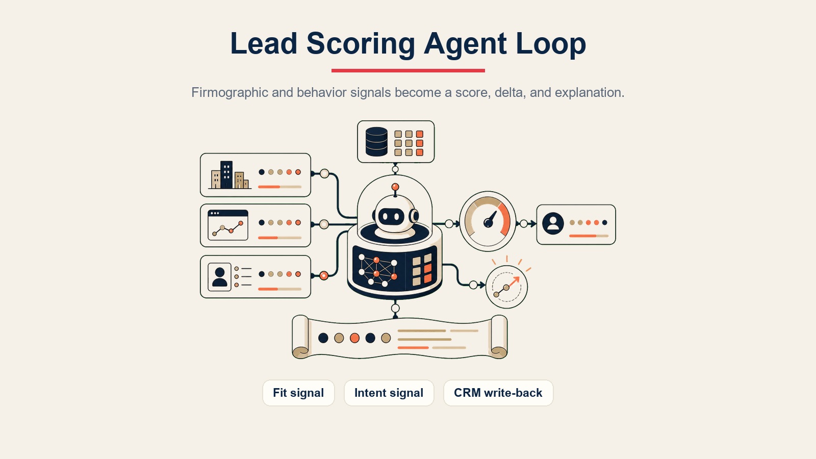 AI Lead Scoring Agent visual interno que muestra señales firmográficas y de comportamiento moviéndose a través de un modelo de puntuación, delta y ciclo de explicación