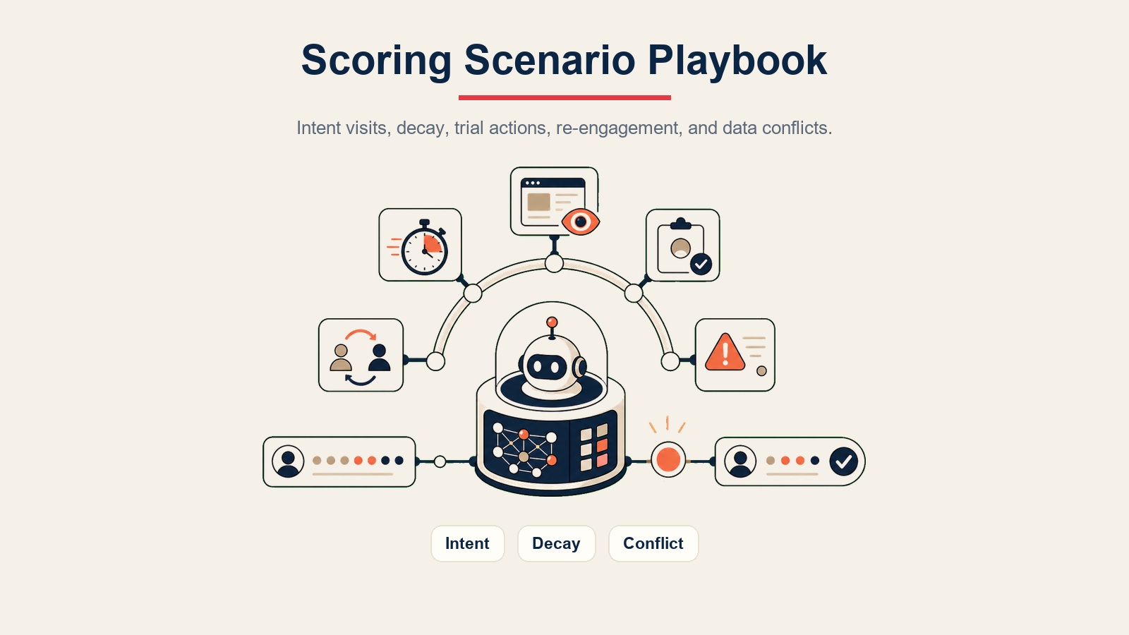 AI Lead Scoring Agent visual interno que muestra las rutas de escenario de puntuación para intención, deterioro y conflictos de datos