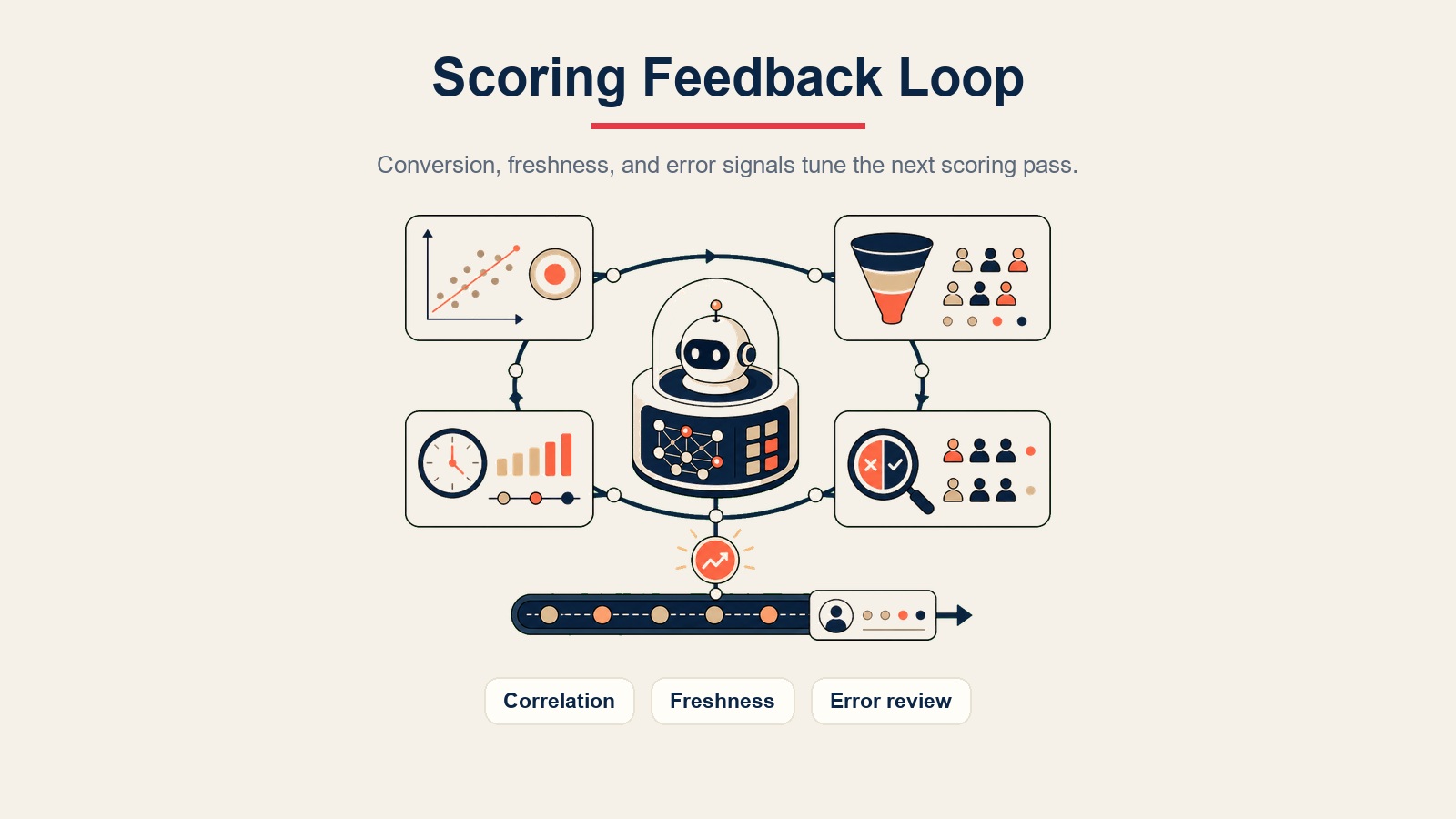 AI Lead Scoring Agent visual interno que muestra un ciclo de retroalimentación de puntuación para correlación, actualidad y revisión de errores