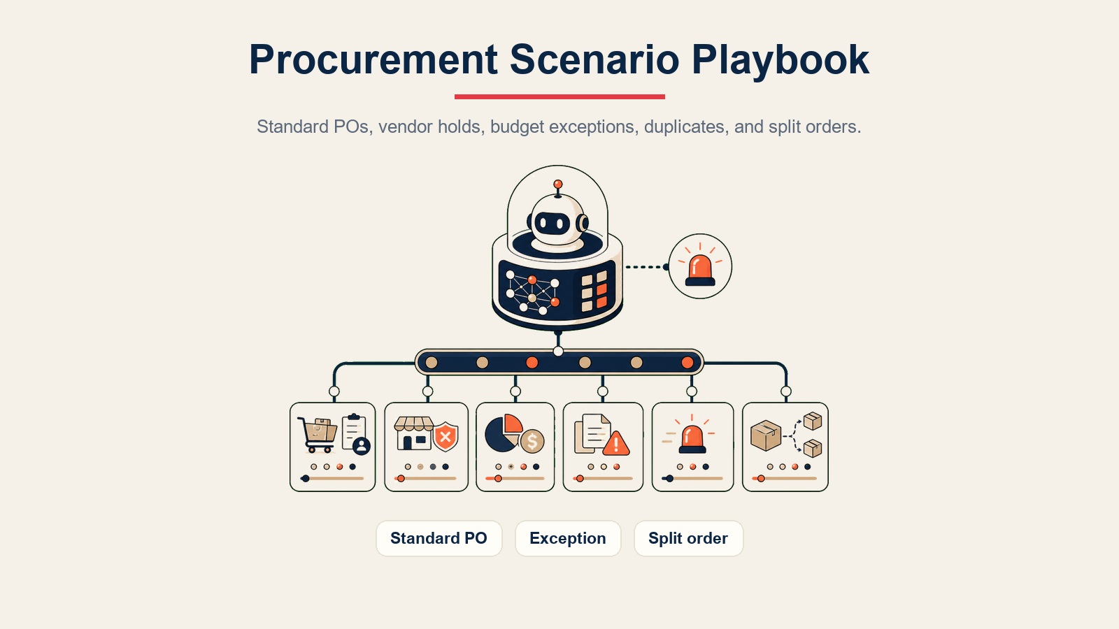 AI Procurement Agent Inline-Visual mit Szenariopfaden für Standard-POs, Ausnahmen und Split-Orders