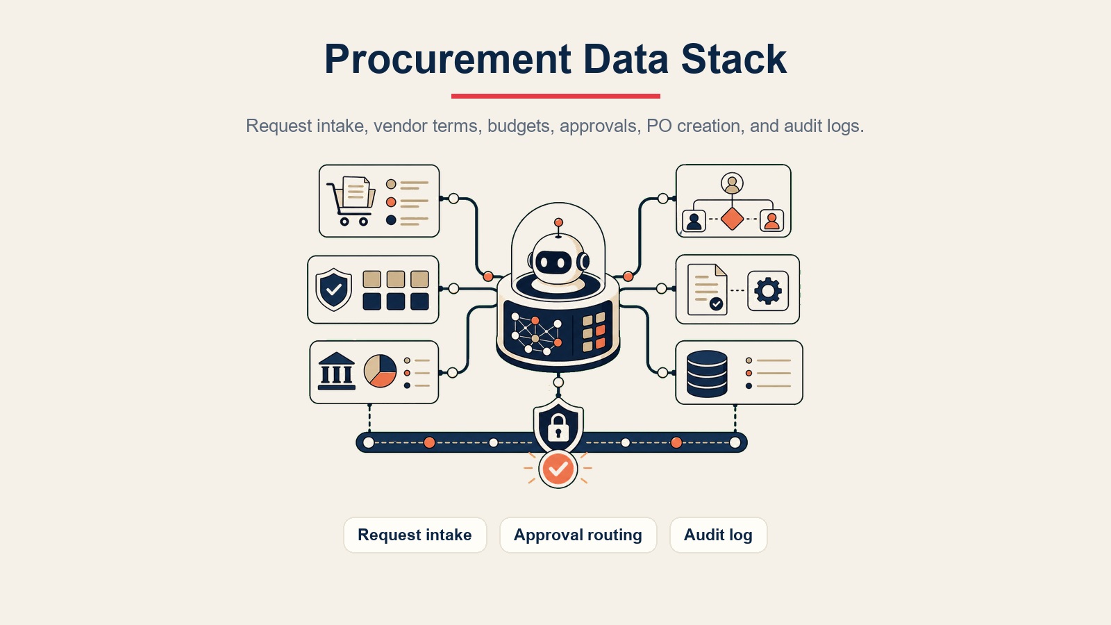 AI Procurement Agent Inline-Visual mit Anfrageaufnahme, Genehmigungs-Routing und Audit-Log im Procurement-Datenstack