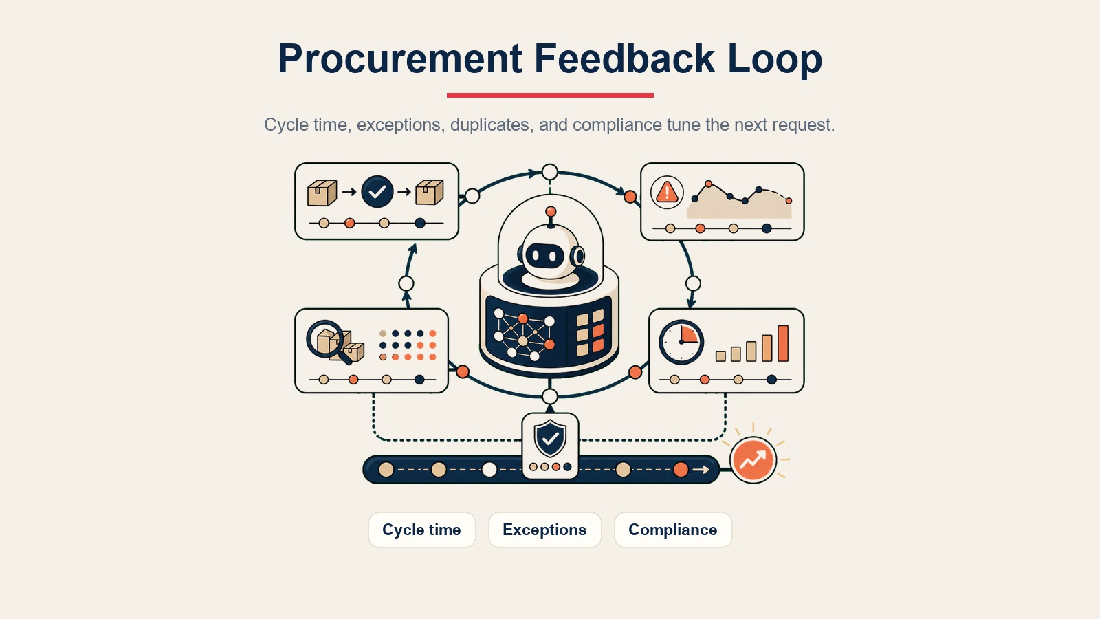 AI Procurement Agent Inline-Visual mit einer Procurement-Feedbackschleife für Zykluszeit, Ausnahmen und Compliance