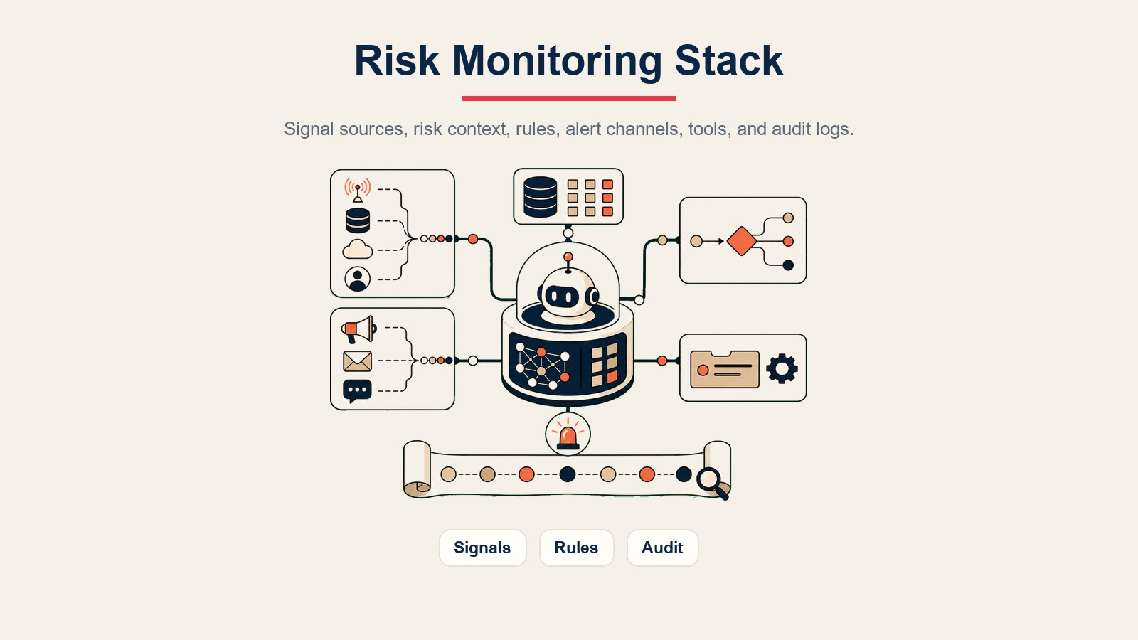AI Risk Monitoring Agent visual inline yang menampilkan sinyal, aturan, dan log audit dalam tumpukan risk monitoring