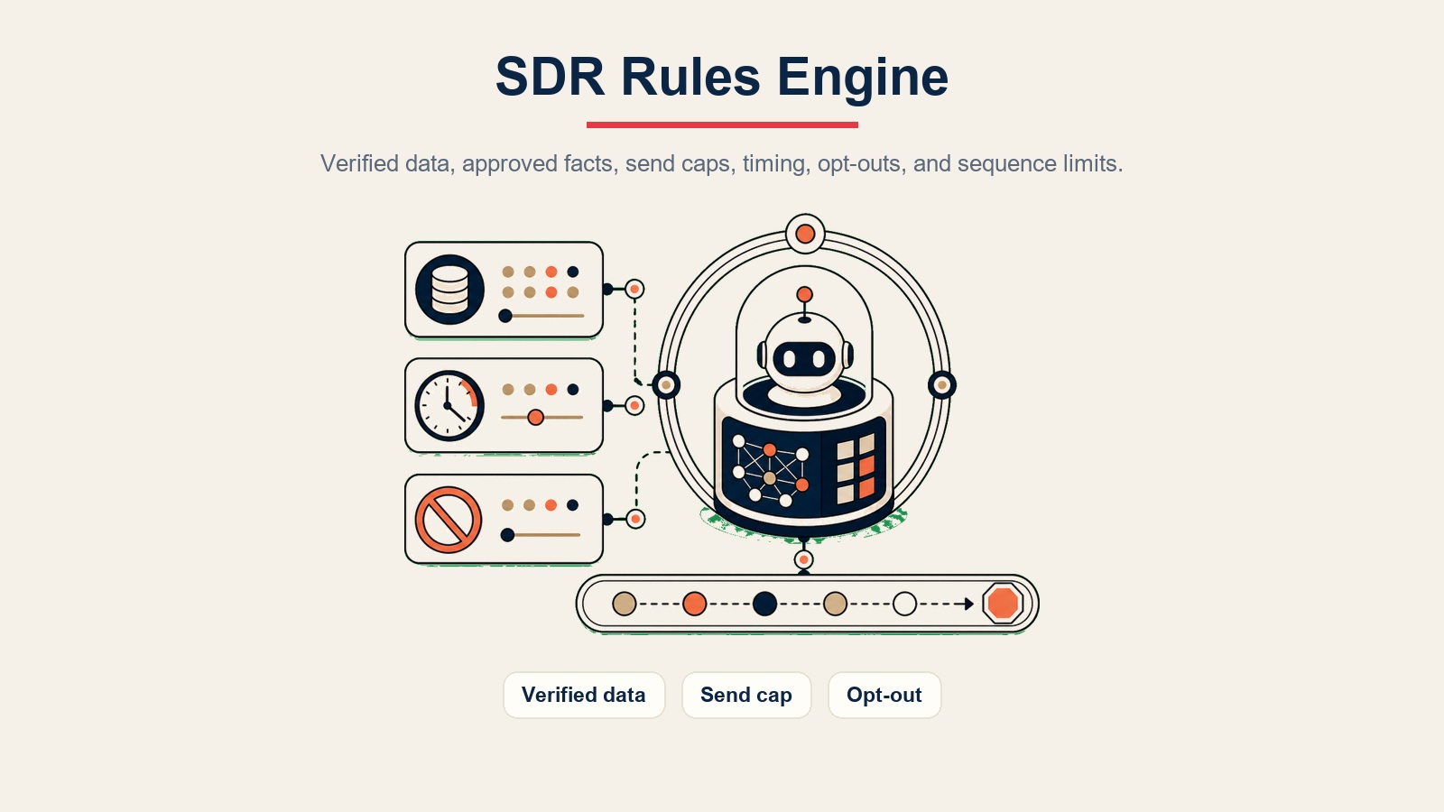 AI SDR Agent visual en línea mostrando datos verificados, límite de envío y reglas de baja en el motor de reglas del SDR