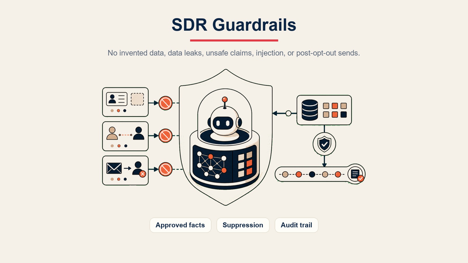 AI SDR Agent visual en línea mostrando las barreras de protección para hechos aprobados, supresión y el historial de auditoría