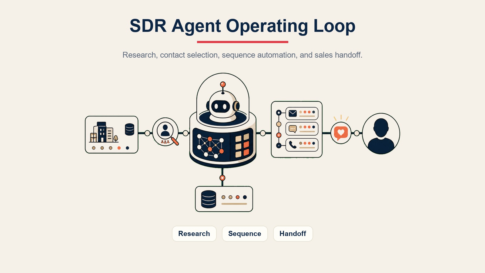 AI SDR Agent visual en línea mostrando la investigación, la automatización de secuencias y la transferencia de ventas en el ciclo operativo del SDR