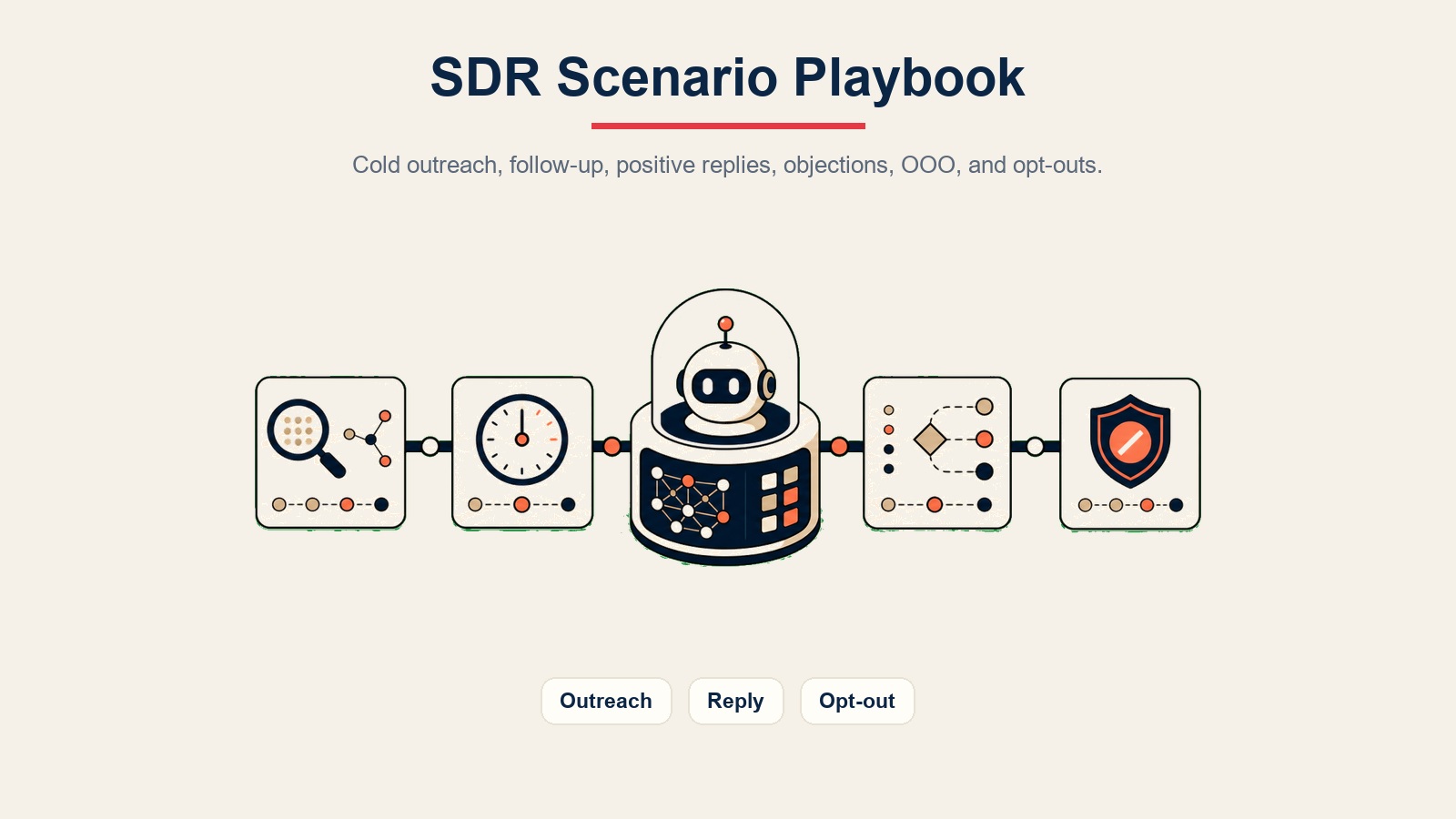 AI SDR Agent visual en línea mostrando las rutas de escenario para contacto, respuestas y bajas