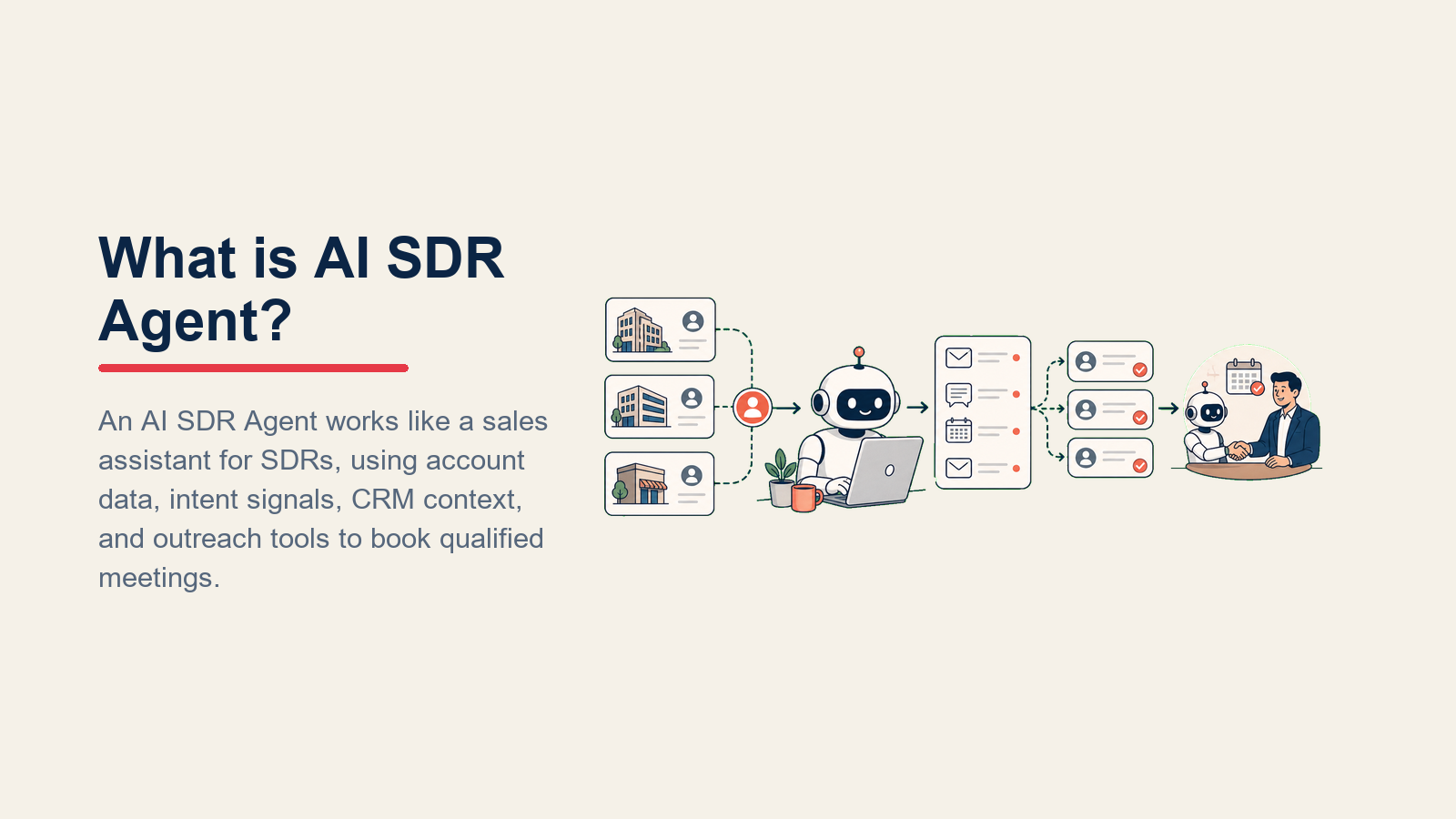 What is AI SDR Agent?: sales research workbench with model core, account lens, sequence rail, and AE handoff packet