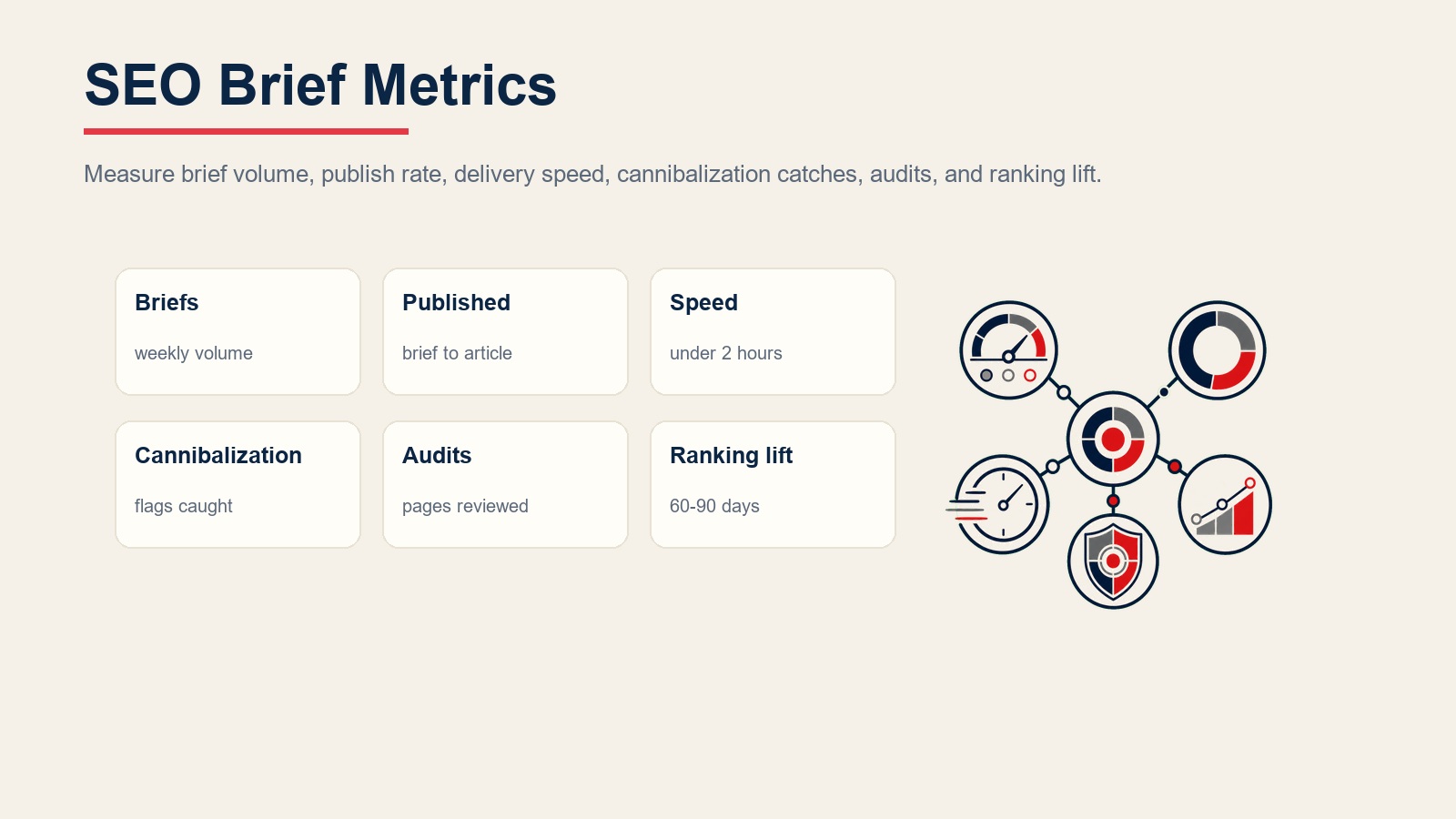 Métricas de brief de SEO para volume de briefs, taxa de publicação, velocidade de entrega, capturas de canibalização, auditorias de páginas e melhoria de ranqueamento