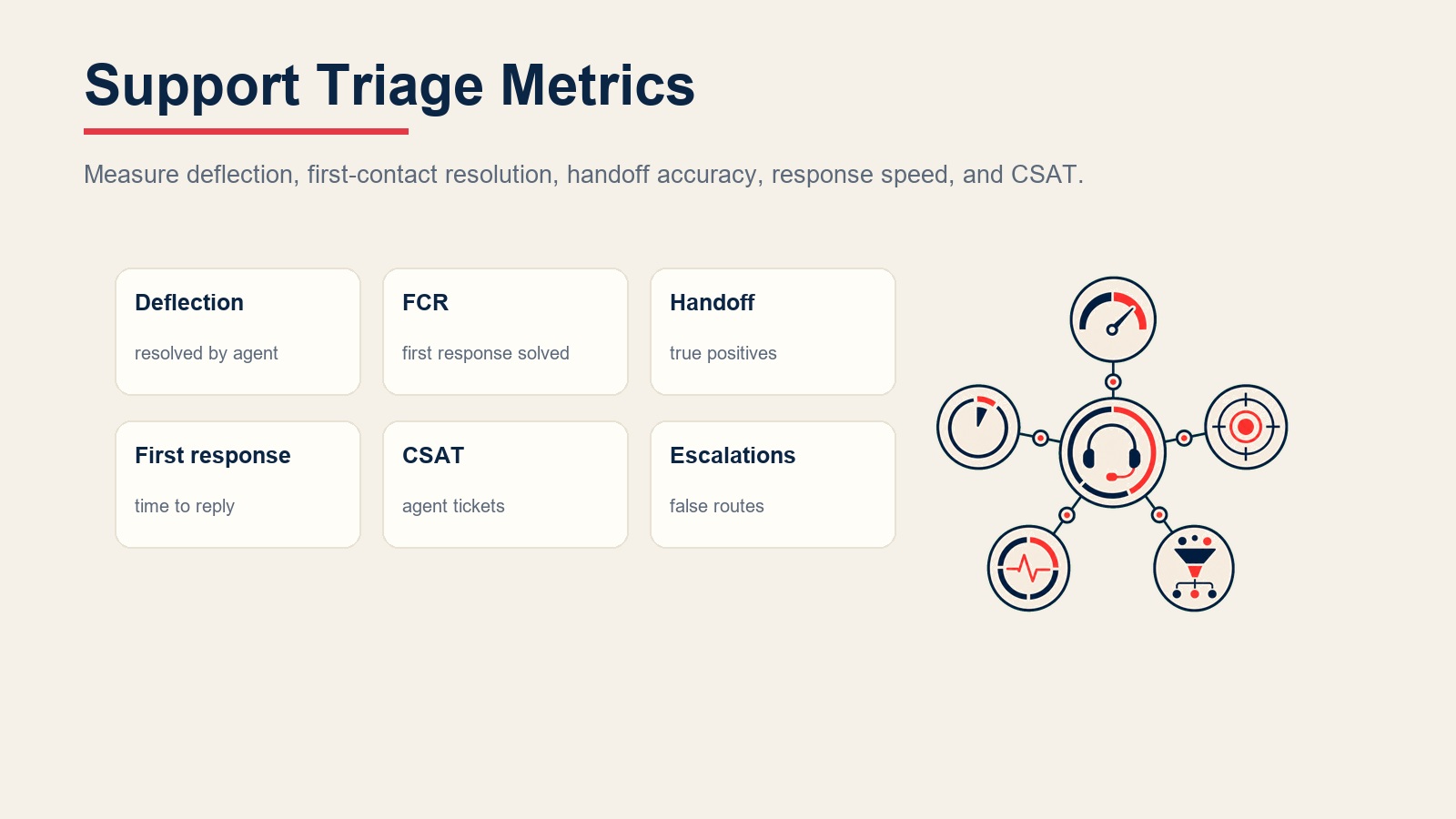 Metrik support triage untuk defleksi, resolusi kontak pertama, akurasi serah terima, waktu respons pertama, CSAT, dan eskalasi