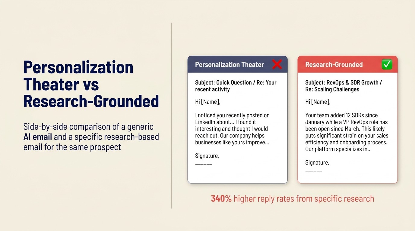 Personalization theater vs research-grounded: side-by-side comparison of a generic AI email and a specific research-based email for the same prospect