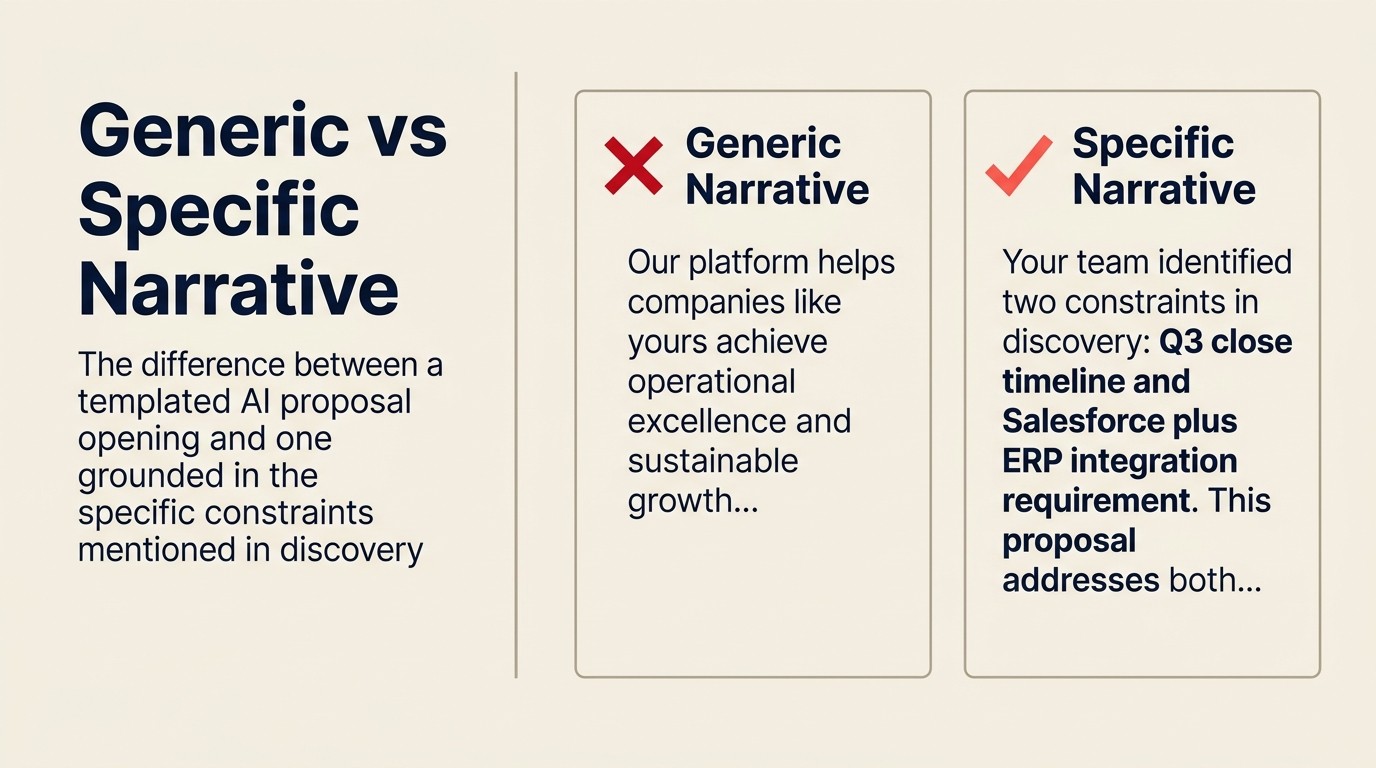 Generic vs specific narrative: the difference between a templated AI proposal opening and one grounded in specific discovery constraints
