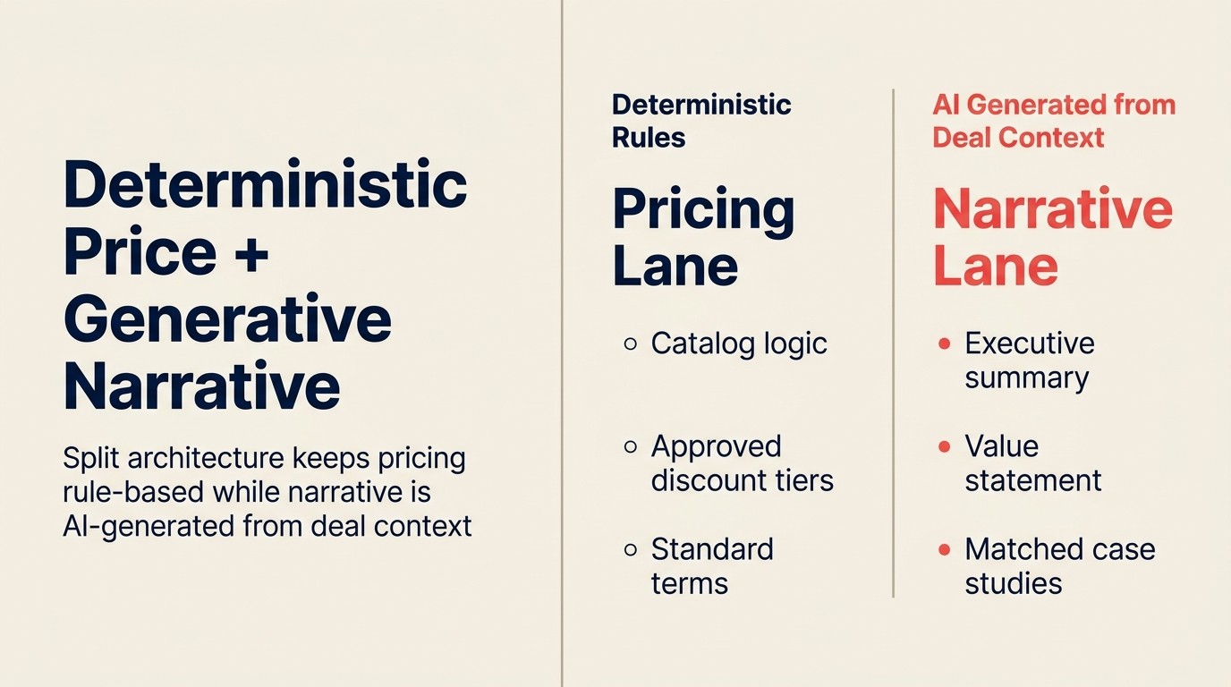 Deterministic price and generative narrative: split architecture keeps pricing rule-based while narrative is AI-generated from deal context