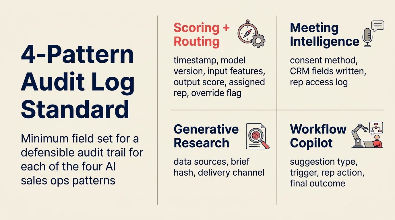 4-pattern audit log standard: minimum field set cho defensible audit trail cho mỗi trong bốn AI sales ops pattern