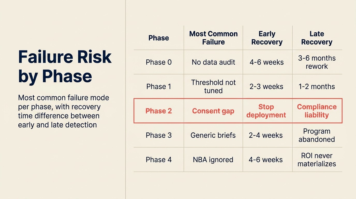 Failure risk by phase: most common failure mode per phase with recovery time difference between early and late detection