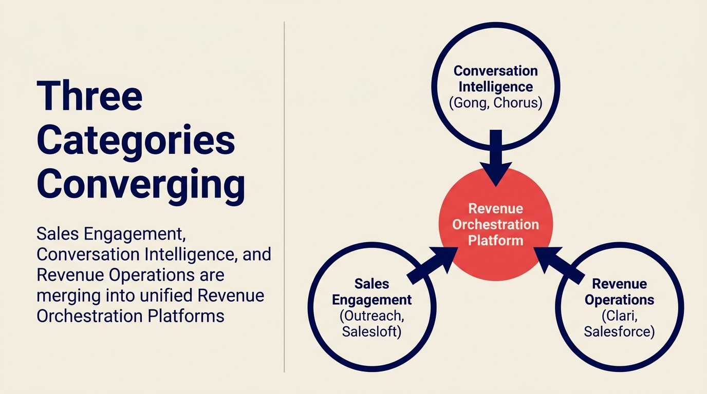 Ba danh mục hội tụ thành Revenue Orchestration Platform thống nhất: sales engagement, conversation intelligence và revenue operations