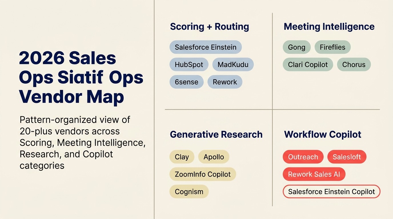 Bản đồ Sales Ops Vendor 2026: góc nhìn theo pattern của 20+ vendor trên bốn danh mục Scoring, Meeting Intelligence, Research và Copilot