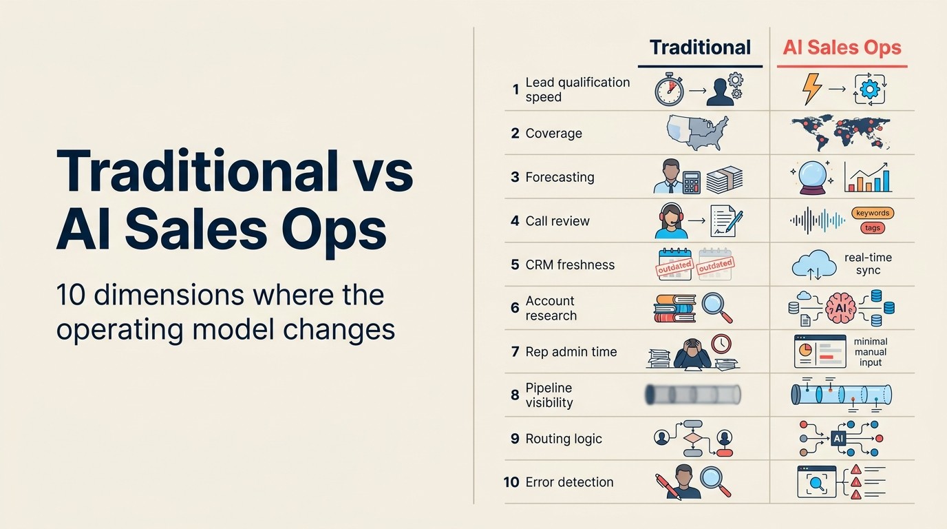 Traditional vs AI Sales Ops: 10 dimensions where the operating model changes