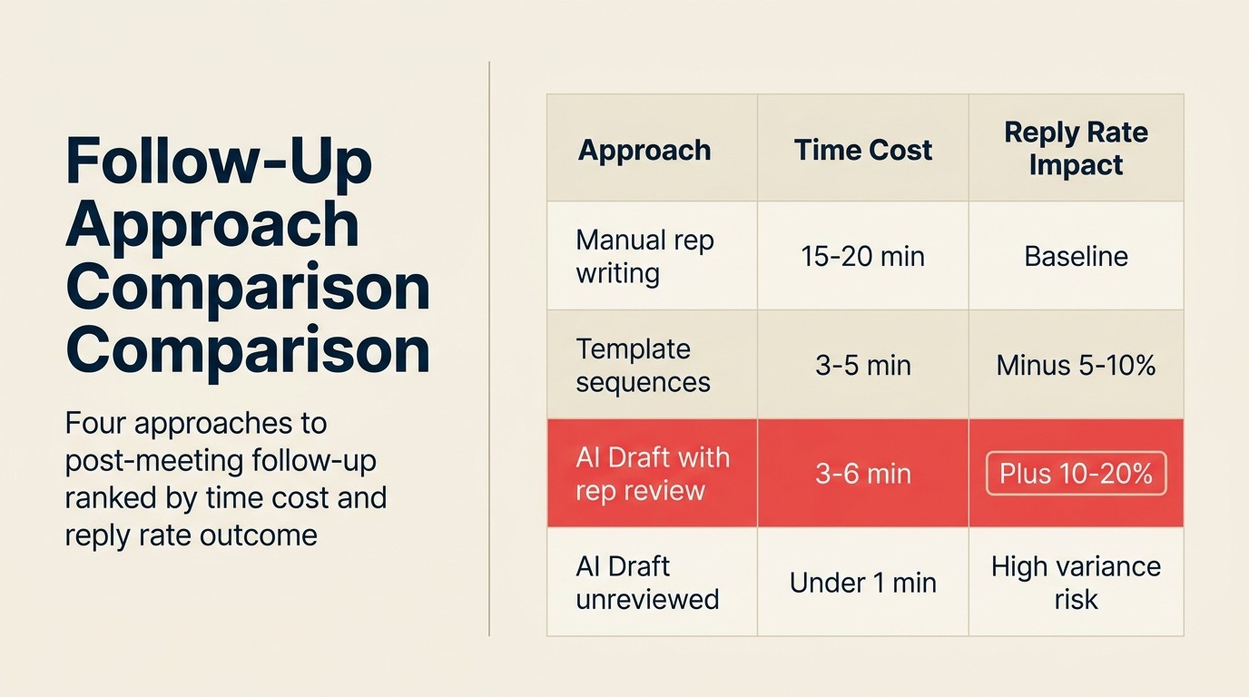 Follow-up approach comparison: four approaches to post-meeting follow-up ranked by time cost and reply rate outcome