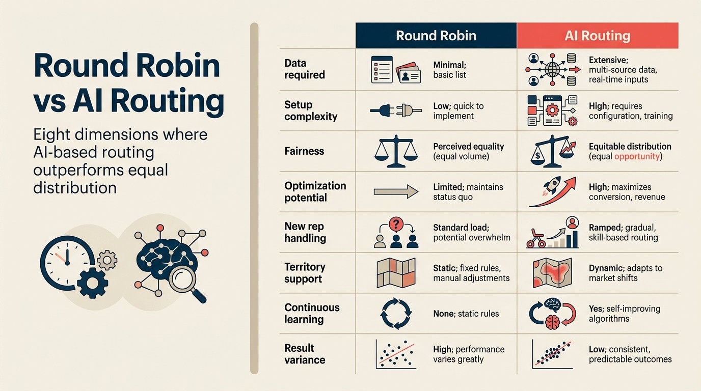 Round robin vs AI routing: eight dimensions where AI-based routing outperforms equal distribution