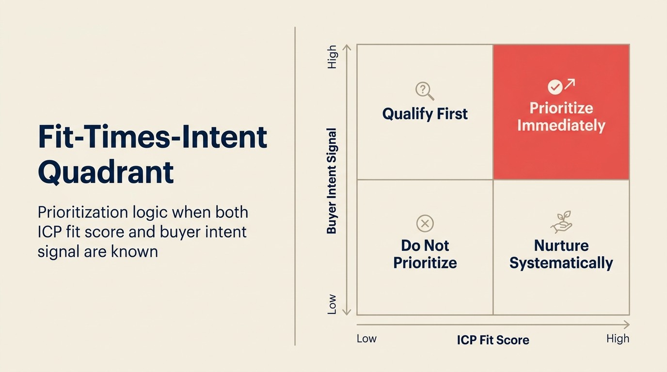 Fit-times-intent quadrant: prioritization logic when both ICP fit score and buyer intent signal are known