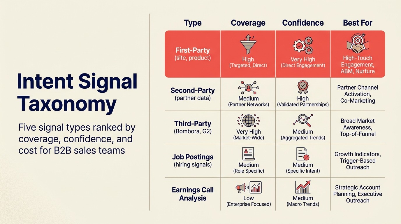 Intent signal taxonomy: five signal types ranked by coverage, confidence, and cost for B2B sales teams