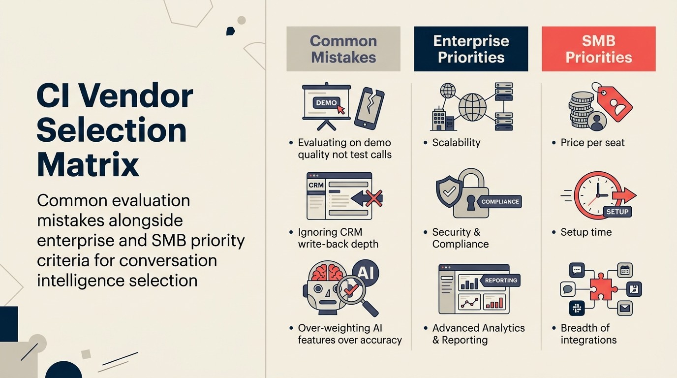 CI vendor selection matrix: common evaluation mistakes alongside enterprise and SMB priority criteria for conversation intelligence selection