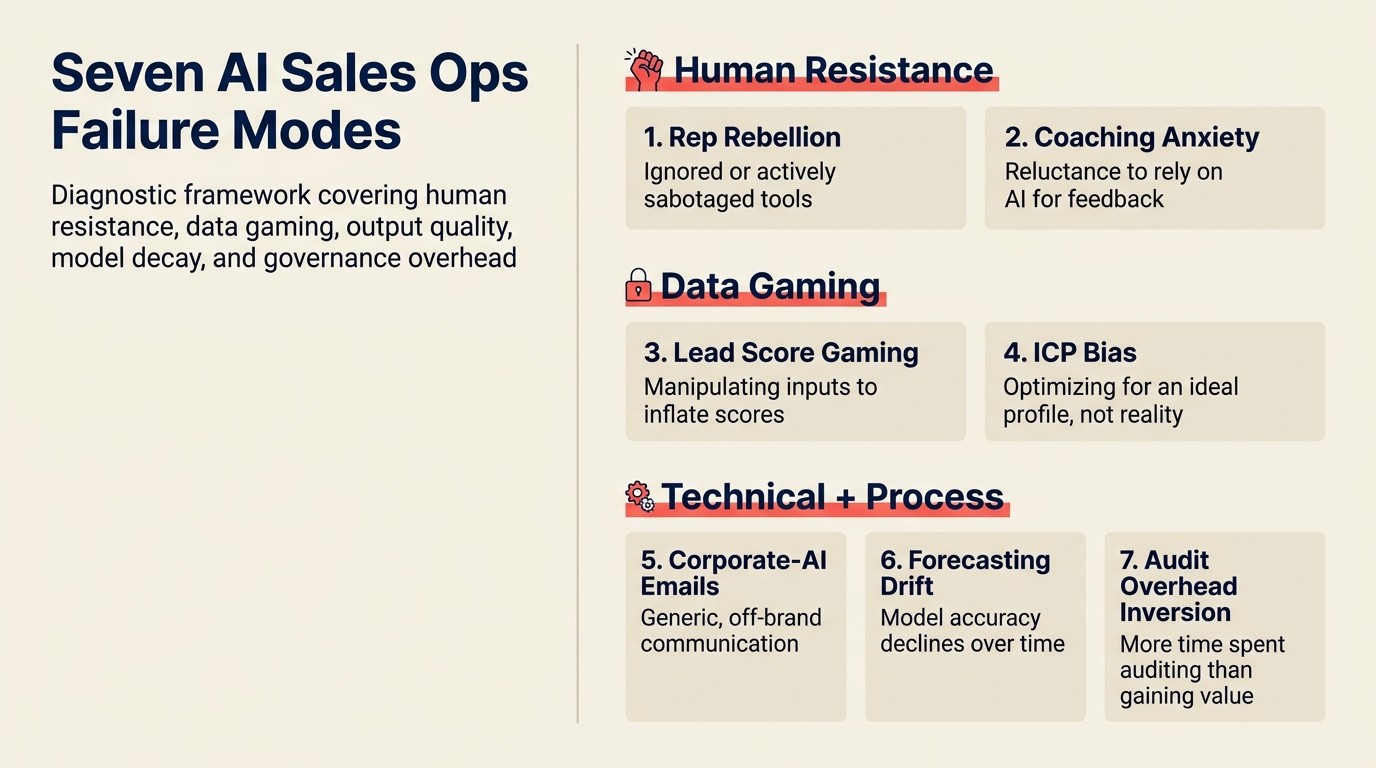 Bảy AI sales ops failure mode: framework chẩn đoán bao phủ human resistance, data gaming, output quality, model decay, và governance overhead