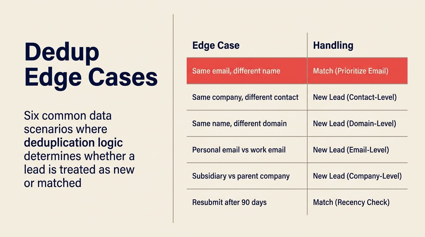 Dedup edge cases: six common data scenarios where deduplication logic determines whether a lead is treated as new or matched