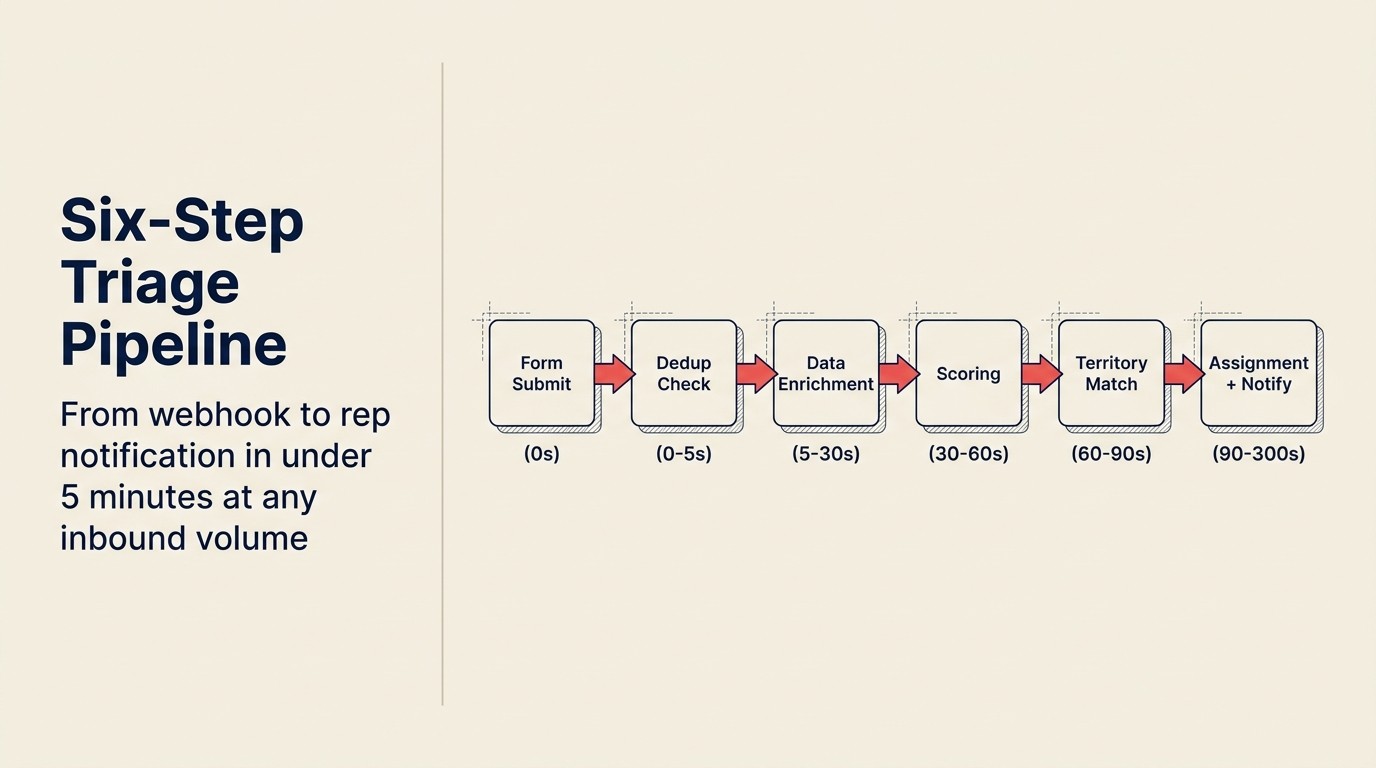 Six-step triage pipeline: from webhook to rep notification in under 5 minutes at any inbound volume