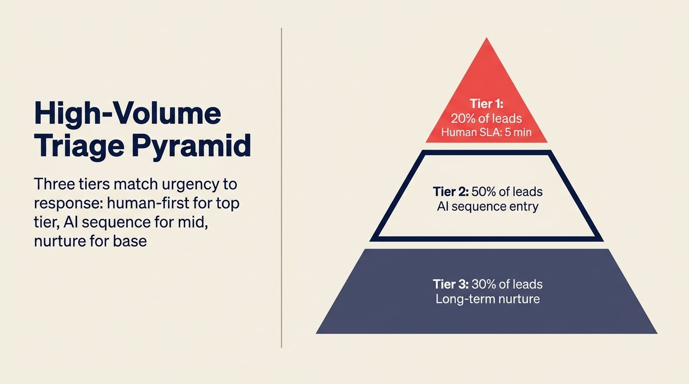 High-volume triage pyramid: three tiers match urgency to response with human-first for top tier, AI sequence for mid, and nurture for base