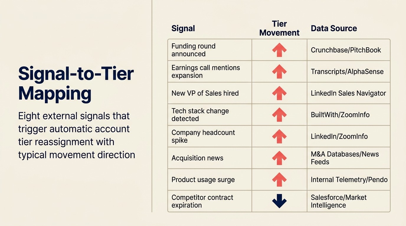 Account tier reassignment signals: funding, headcount, intent spikes, and technology changes that prompt AI re-scoring
