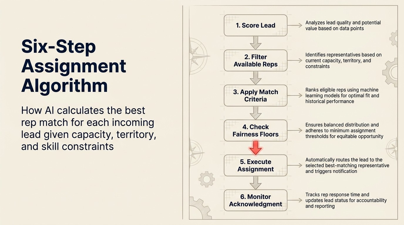 SDR assignment algorithm: step-by-step lead routing logic balancing capacity, match score, and response-time SLAs