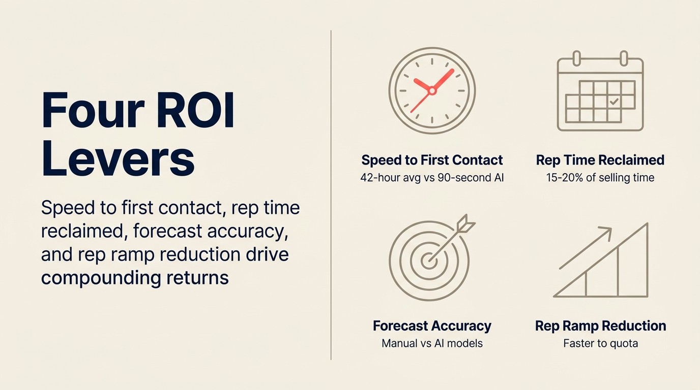 Four ROI levers: speed to first contact, rep time reclaimed, forecast accuracy, and rep ramp reduction