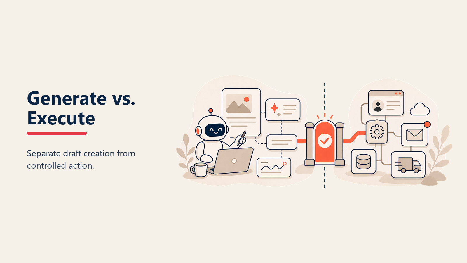 Comparación lado a lado de Generate vs Execute resaltando el límite de los guardrails