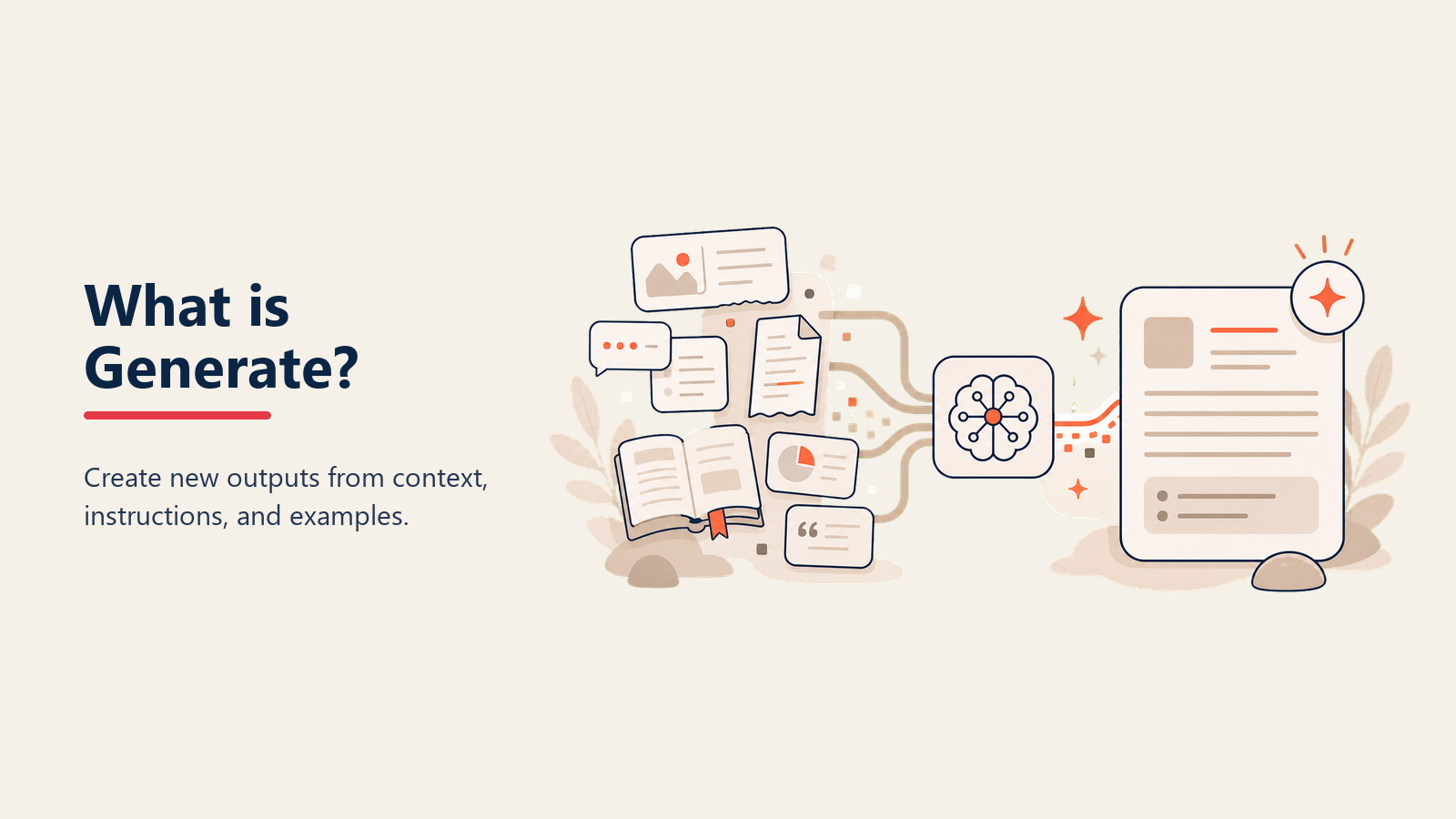 Capacidad Generate — pluma creando documentos, imágenes y código
