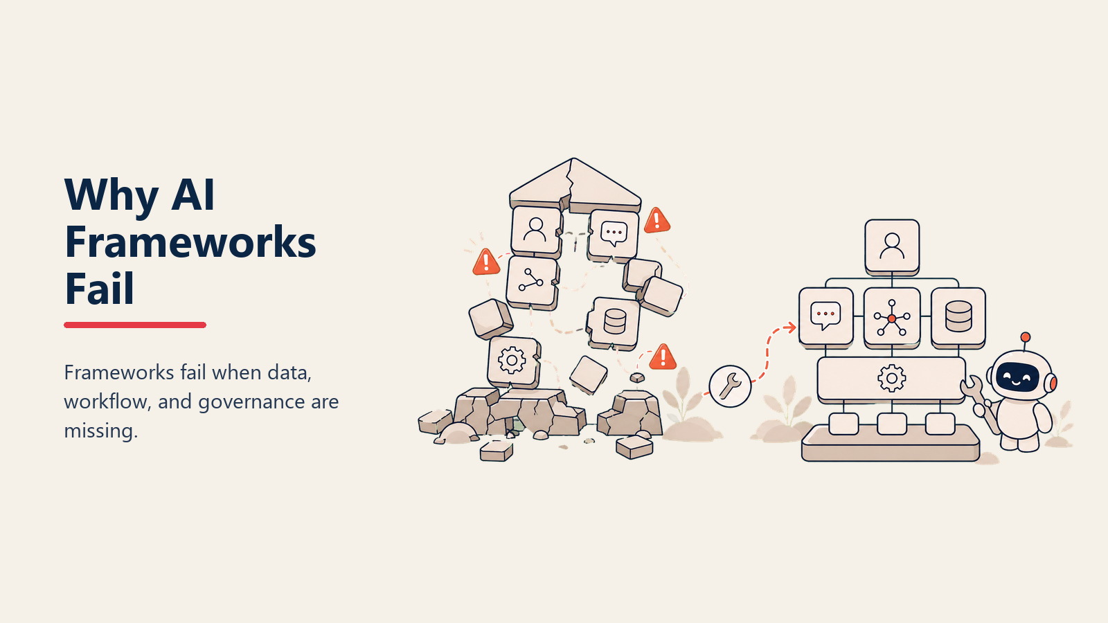 Ilustração editorial de uma pilha instável de framework de IA com um bloco caindo