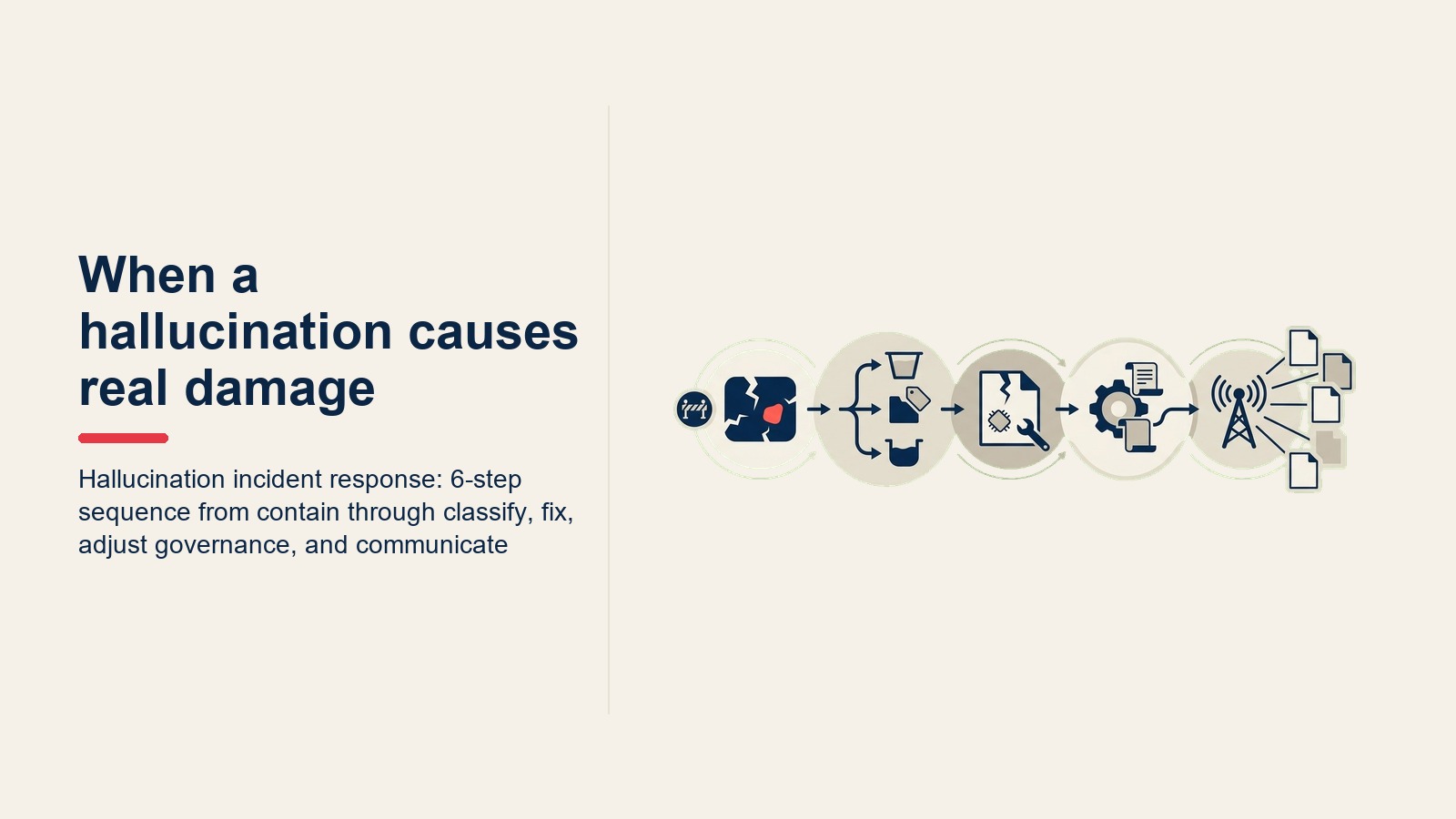Incident response hallucination: trình tự 6 bước từ kiểm soát qua phân loại, sửa chữa, điều chỉnh governance và giao tiếp