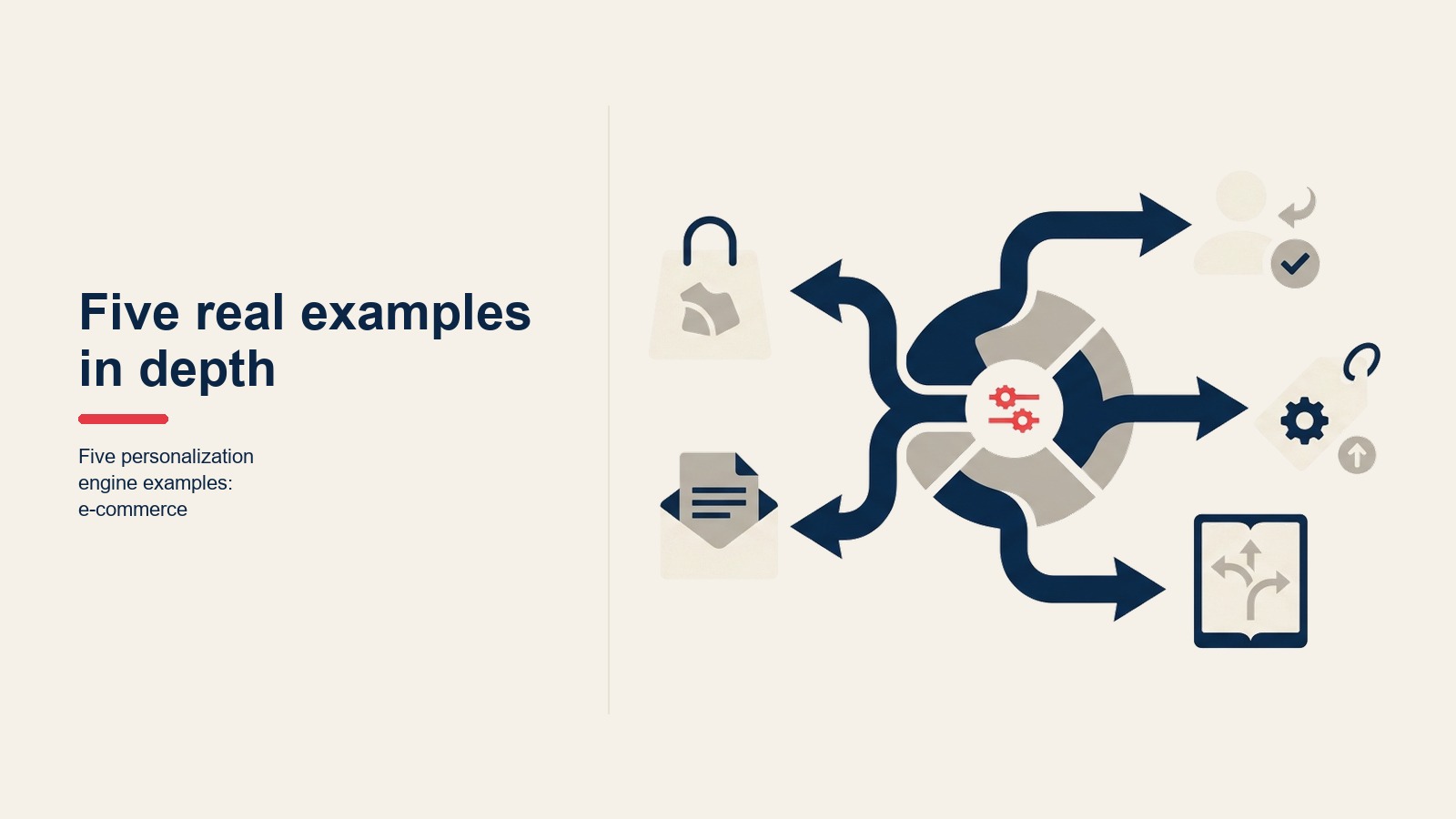 Năm ví dụ personalization engine: gợi ý sản phẩm e-commerce, nội dung động email, onboarding nudge trong sản phẩm, cá nhân hóa giá B2B, và lộ trình học LMS