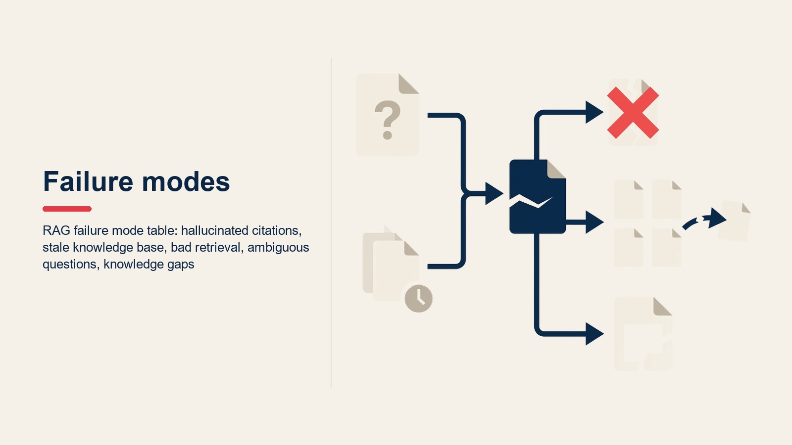 Bảng failure modes RAG: hallucinated citations, knowledge base lỗi thời, retrieval kém, câu hỏi mơ hồ, knowledge gaps