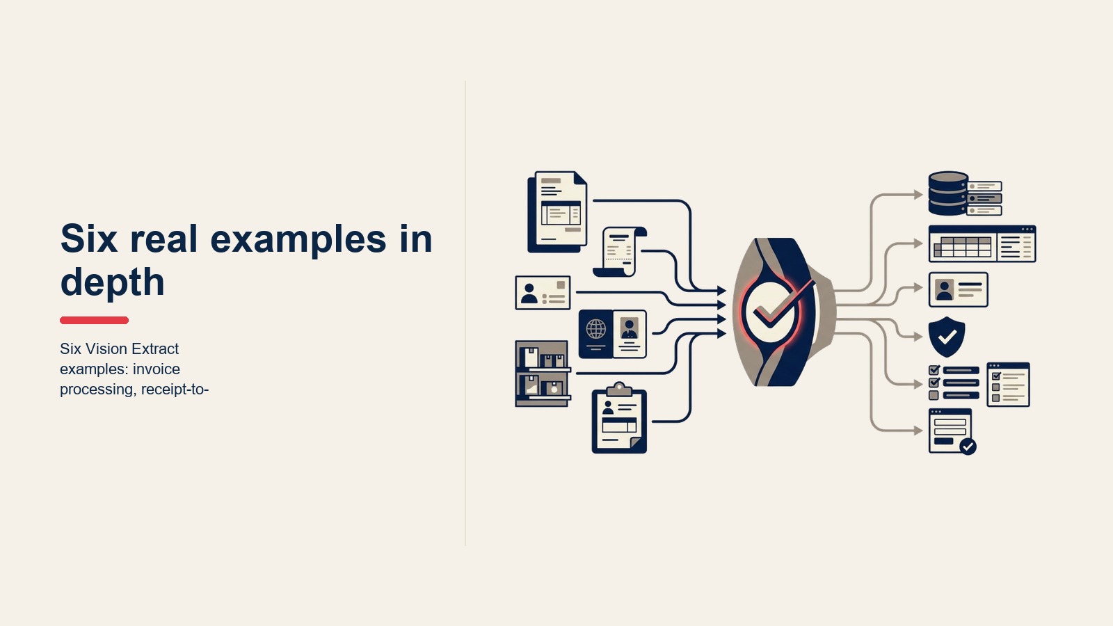 Sáu ví dụ Vision Extract: xử lý hóa đơn, biên lai thành báo cáo chi phí, danh thiếp vào CRM, KYC quét ID và hộ chiếu, kiểm tra kệ hàng bán lẻ, số hóa form tiếp nhận y tế
