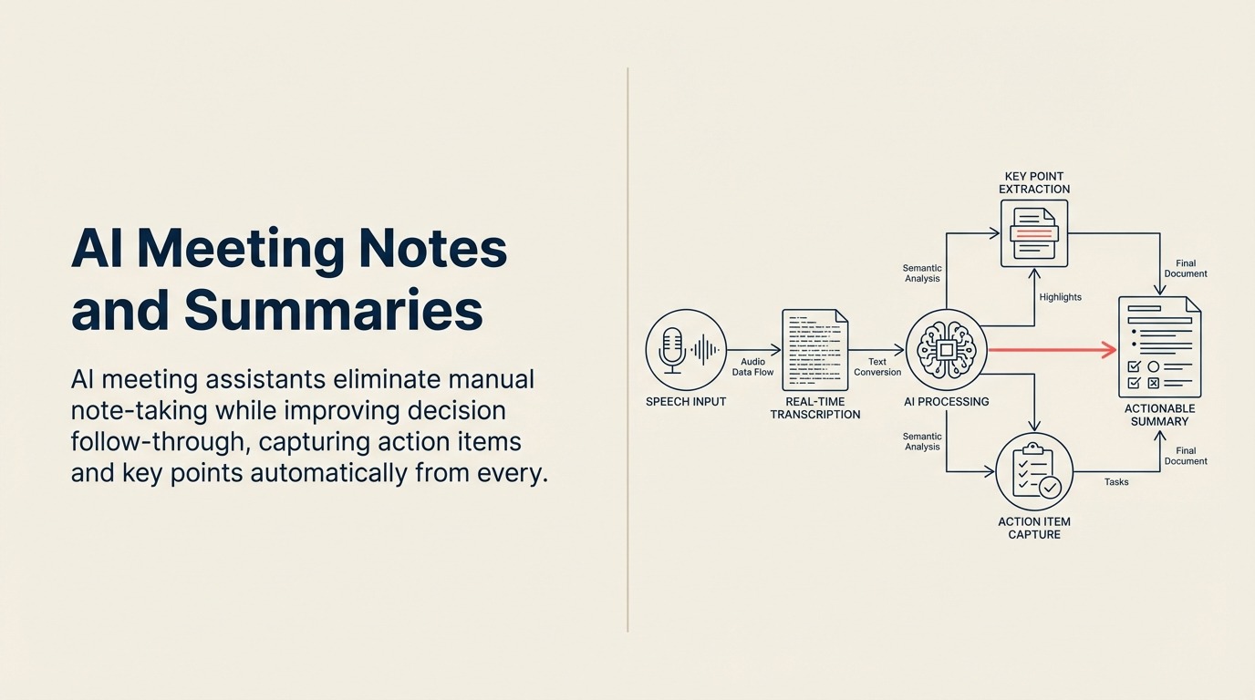 AI meeting assistant turning spoken discussion into decisions, action items, and searchable notes