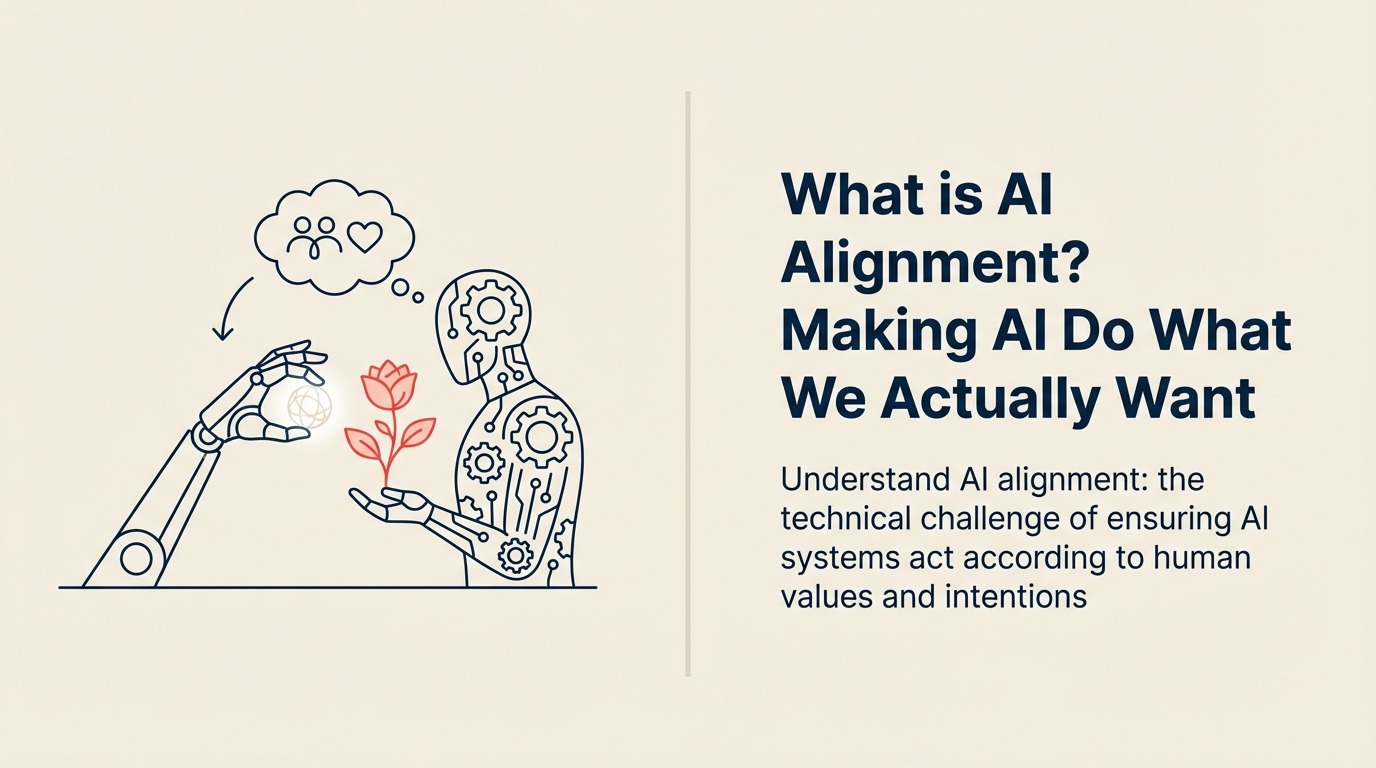 What Is AI Alignment? shown as a precise alignment jig brings an ai compass, human intent marker, and policy rail onto one coral centerline