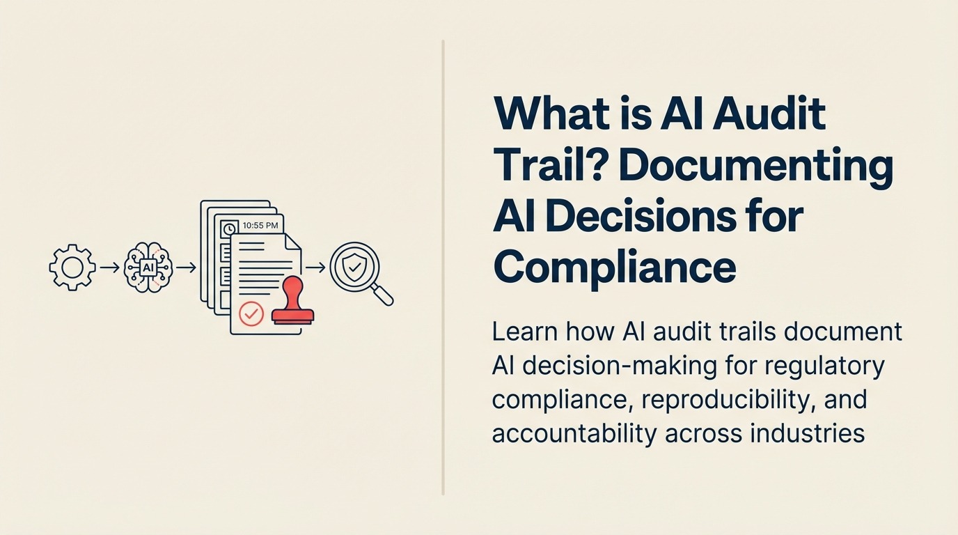 What Is an AI Audit Trail? illustrated with black-box recorder opened to reveal a timestamp ribbon and sealed decision tokens