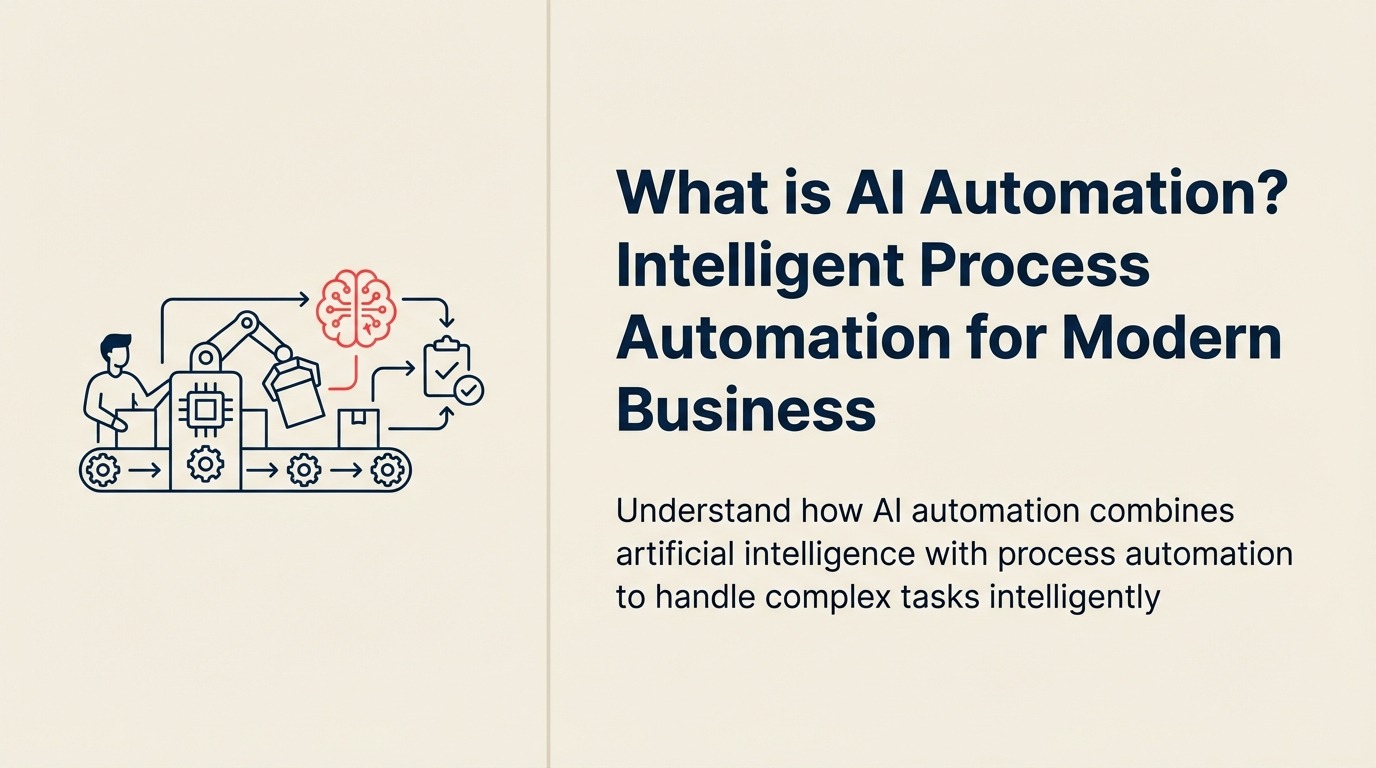What Is AI Automation? illustrated with a flexible mechanical workflow that senses varied inputs, reasons through a central lens, and adapts its route toward one coral outcome