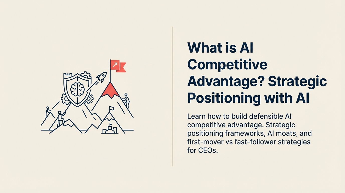 What Is AI Competitive Advantage? illustrated with a deep navy castle moat fed by a proprietary data stream, with one coral flag marking a defensible market position